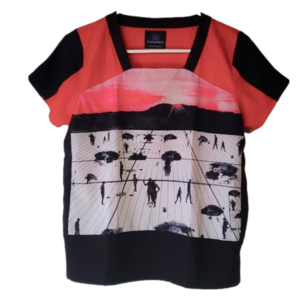 Plains & Prints sheer artcore top with black silhouettes of painted people